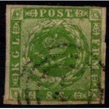 1854. Danmark. Skillingsmærke. Punkteret udfyldning i hjørnerne. 